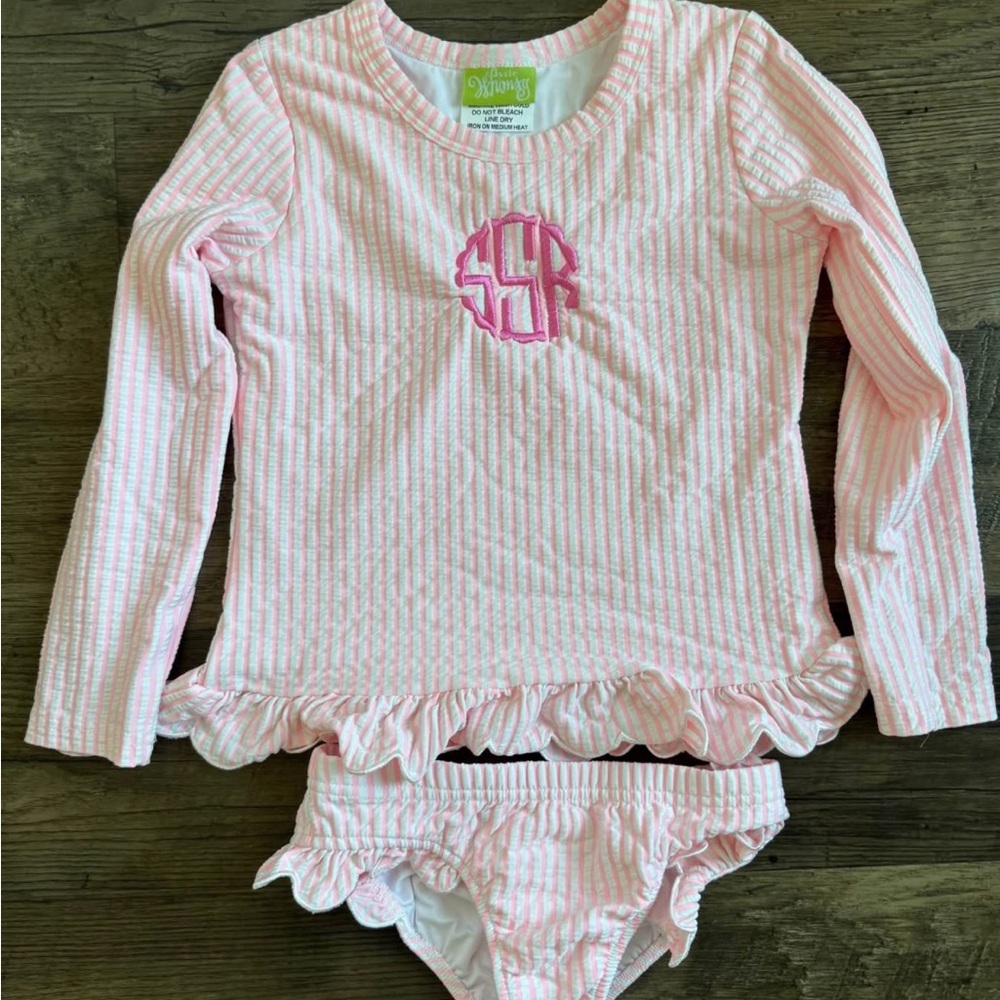 Classic Whimsy ~ Pink Stripe Seersucker Rash Guard Set